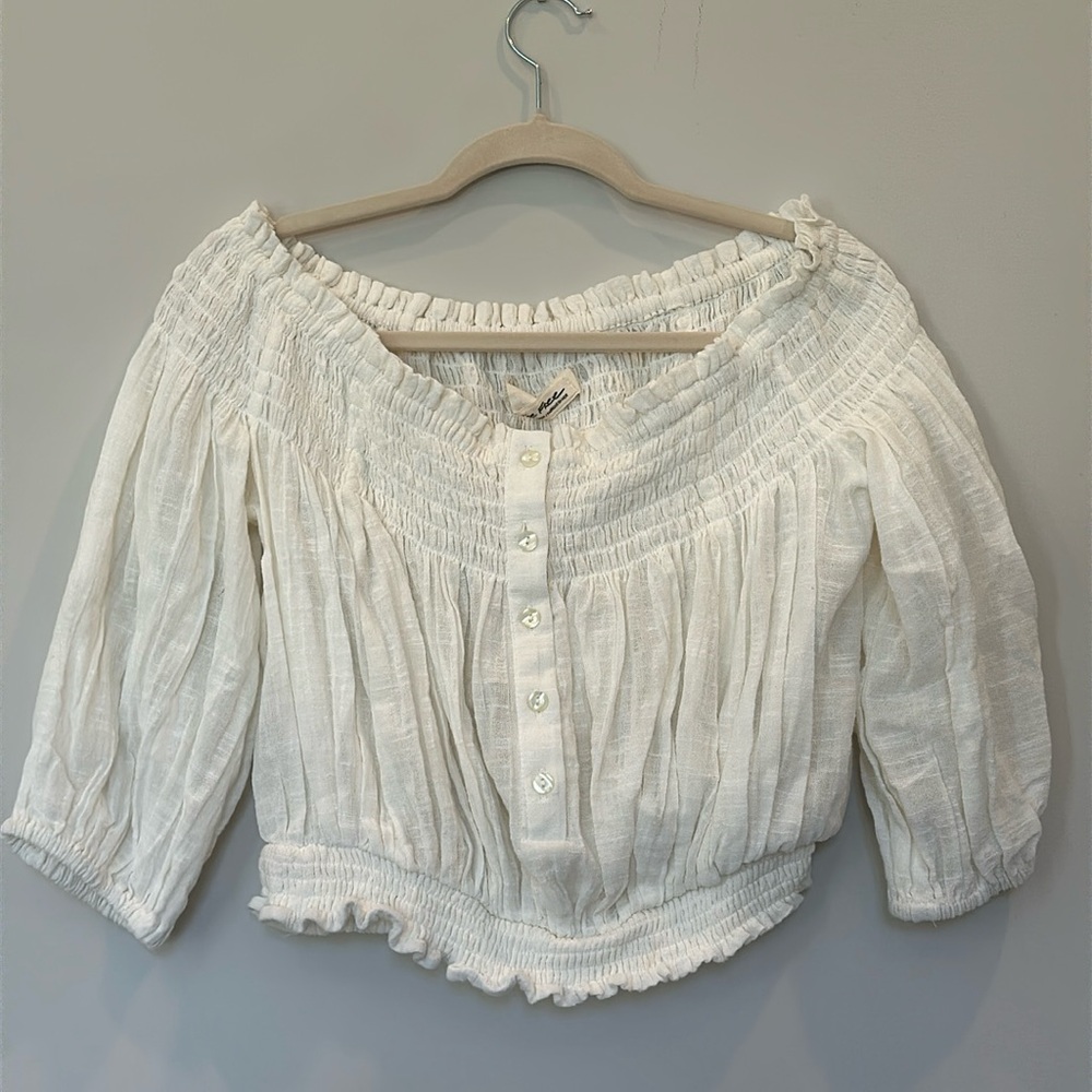 NWT free people ivory linen blend off the shoulder crop top with pearl buttons